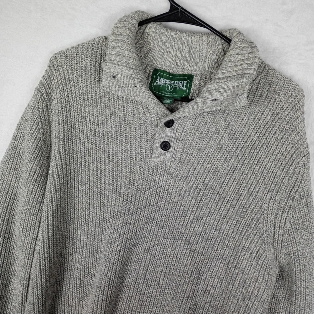 American‎ Eagle Mens Mock Neck Button Sweater Grey Marled Ribbed Knit Medium